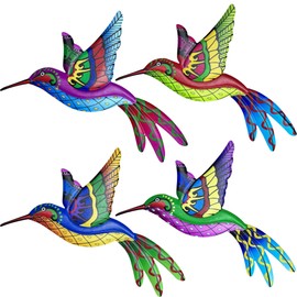 Hummingbird Metal Outdoor Wall Art Decor,3D Colorful Garden Birds Sculpture Outdoor Iron Hanging Decor Ornaments, Metal Bird Wall Art Decorations for Fence Patio Balcony Living Room (4 Pack)