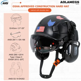 Black Hard Hat with Double Visor and Earmuffs - Vented Hard Hats Construction OSHA Approved with Safety Glasses, ANSI Z89.1 Safety Helmet with Chin Straps Eye and Hearing Protection for Men Worker