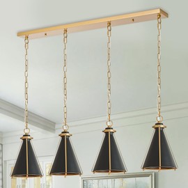 CaraLuxe Black & Gold Kitchen Island Light 4-Light Hanging Chandelier Cone Shade 42" Rectangle Kitchen Island Pendant Light Fixture for Dining Room Bar Counter