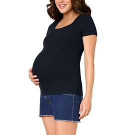 Motherhood Maternity Women's Square Neck Rib Knit Short Sleeve Pregnancy Top, Black