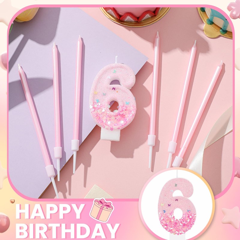 MTLEE Number 6 Birthday Candle with 12 Pcs Spiral Candles