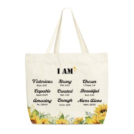 Christian Sunflower Tote Bags, I Am Beautiful Bible Verse Reusable Shopping Bag For Women, Inspirational Gifts For Women Friend Sister Colleagues, Religious Shoulder Bag For Church Travel Holiday -A33
