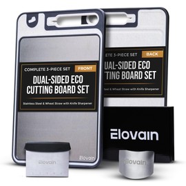Elovain Dual-Sided Stainless Steel Cutting Board with Knife Sharpener – Multi-Use, Hygienic Prep for Daily Kitchen Use – Non-Slip, Dishwasher Safe, Includes Scraper & Finger Guard – 3-Pc Set