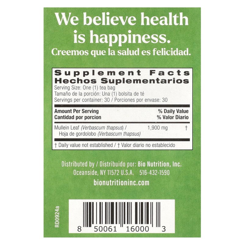 Bio Nutrition Mullein Leaf Tea, Caffeine Free, 30 Tea Bags,