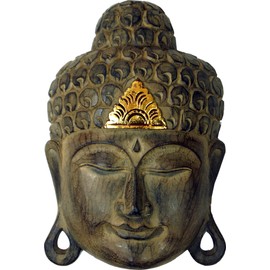 GURU SHOP Carved Buddha Mask with Gold Embellishment Wall Art Ethnic Balsa Wood Wall Decoration Size 40cm Buddhas
