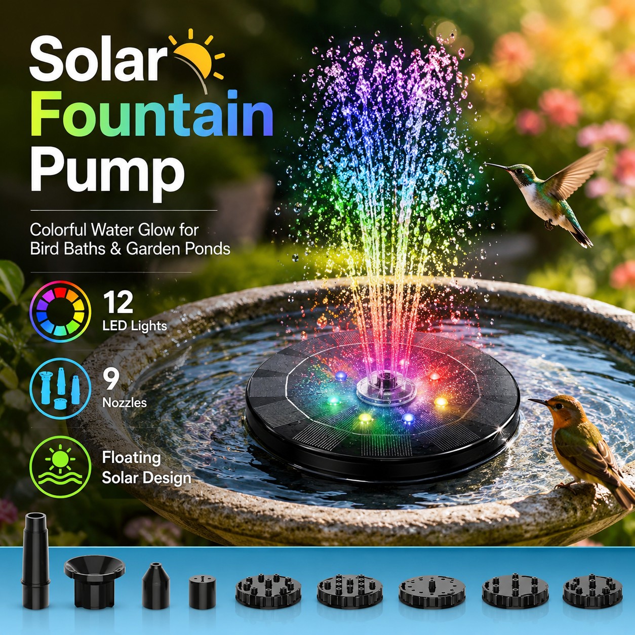 Solar Fountain Pump with LED Lights for Garden Ponds – Floating Water Feature with 9 Nozzles