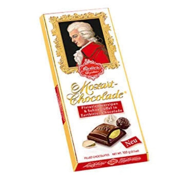Reber Mozart Chocolate Dark Schokolade Pistazienmarzipan & Sahnertruffel in Zartbitter-Chocolade Bar -- 100g