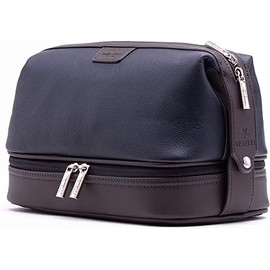 Vetell Leo Large Leather Men's Travel Toiletry and Shaving Case Bag with Upper and Lower Zippered Compartments, 3 Interior Loops and Carrying Handles