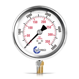 CARBO Instruments 5000 PSI Glycerin Liquid Filled Pressure Gauge, 4" Dial, 1/4 NPT Lower Mount, 304 Stainless Steel Case, Brass Wetted Parts, Dual Scale PSI/Bar - ASME B40.1 Grade A