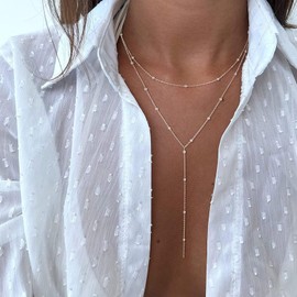 Lariat Necklace Long Necklaces for Women Trendy Gold Layered Necklaces for Girls Y-Shaped Beaded Chain Necklace for Girls Jewelry Gift for Girls