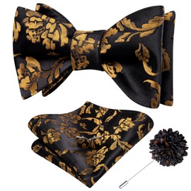Dubulle Self Tie Bow Ties and Lapel Pin for Men Paisley Solid Mens Bowtie and Handkerchief Cufflinks Set Wedding,A Black Gold