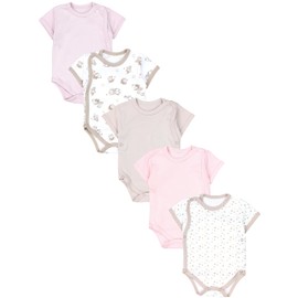 TupTam Baby Bodysuit Girls Set of 5 - Short Sleeve Wrap Bodysuit Made of Cotton with Print, Breathable and Skin-friendly, Bear Beige Powder Pink Stars Apricot