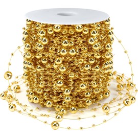 JULBEAR Beads Garland Decoration,1 Rolls 131 Feet Gold Christmas Pearl Strands Chain Bead Garland for Christmas Tree Fireplace Wreath Gift Bouquet Crafts Wrapping Wedding Party Centerpieces Decoration