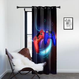 YONGFOTO 107 x 215 cm Curtains for Playroom Red and Blue Gamepad Abstract Symbol Fantasy World Blackout Curtain for Children's Room, 1 Panel of Fabric with Eyelets