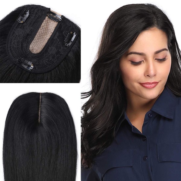 S-noilite Silk Base Topper Hair Piece Human Hair Clip in Crown Toupee Top Hair Extensions Silk Topper for Women Replacement for Slight Hair Loss Thinning Hair 130% Density (18"-57g,#01 Jet Black)