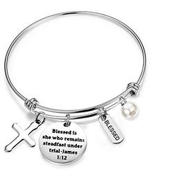 bobauna Christian Bracelet Blessed Bracelet Blessed Is She Who Remains Steadfast Under Trial James 1:12 Encouragement Jewelry Gift (blessed steadfast james bracelet)