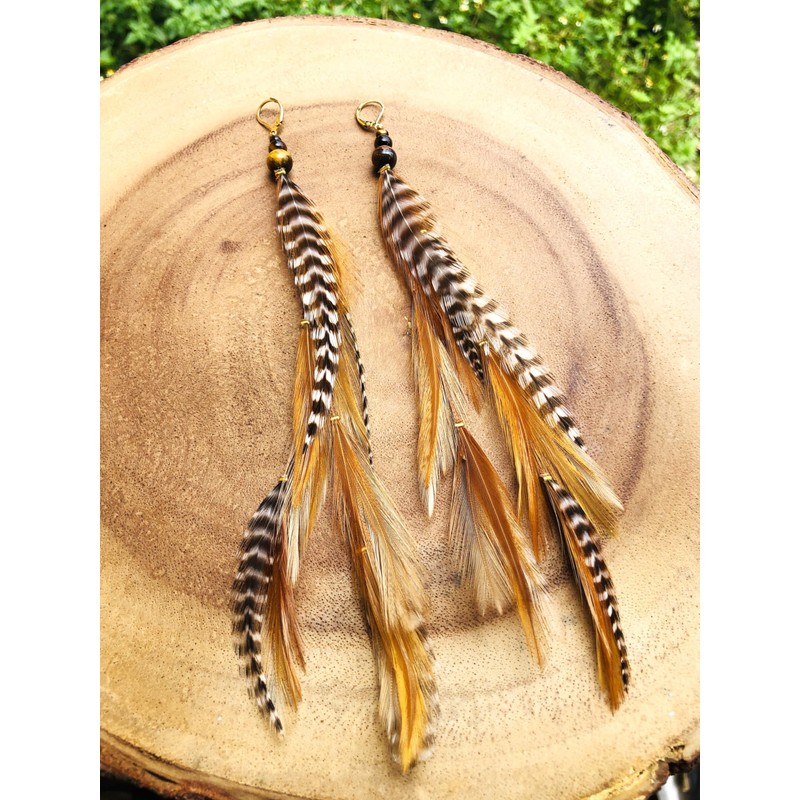 Tyger Eye Crystal Feathers Earrings "Beauty" Boho Yoga Jewelry