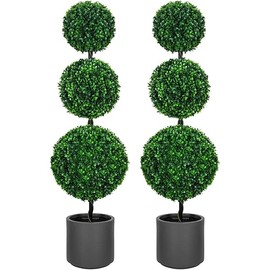 3FT Artificial Triple Ball Topiary Trees with Gray Planter Pot, Outdoor Indoor Realistic Faux Shrubs Plants, Fake Trees for Home Offices Porch Decor, Set of 2