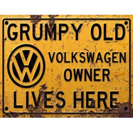 BigBazza Vintage Rustic Advertising Retro Wall Tin Plaque 20x15cm - Pub Shed Bar Man Cave Home Garage Kitchen Gift Metal Sign - Grumpy Old inspired VOLKSWAGEN VW Owner Lives Here, yellow