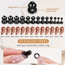 Qmcandy 20-26Pcs Ear Stretching Kit 1-7mm/7.5-12mm Dead Stretching Single Flare Plugs for Ears Gauge Stretching Kit Stainless Steel Ear Tapers for Women Men