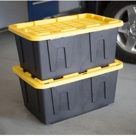 Heavy Duty Black Storage Tote with Snap Lid, Stackable and Lockable, Durable Plastic Bin for Home, Garage, and Jobsite, Secure and Recyclable Container (27 Gallon)