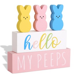 Treory Easter Decorations for the Home: 5pcs Easter Bunny Wooden Table Centerpiece Signs, Cute Easter Decor Peep Rabbits Wooden Block Set Table Décor Farmhouse Rustic Tiered Tray Décor Easter Gifts
