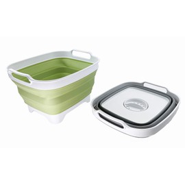 SAMMART 7.5L (2 gallons) Collapsible Plastic Dishpan with Draining Plug - Portable Washing Basin - Foldable Washing Tub - Pop Up Saving (Grey + Olive Green (Set of 2))