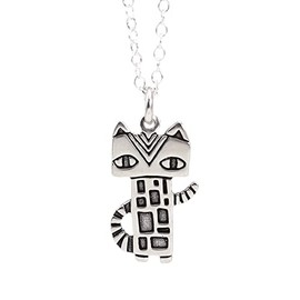 Mark Poulin Sterling Silver Cleocatra Cat Charm Necklace on 16" 18" 20" Inch Adjustable Sterling Silver Cable Chain - Cute and Modern Geometric Cat Gift