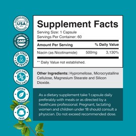 Vitamin B3 Niacinamide 500mg Capsules - Mitochondrial Energy and Potent Skin Supplement - Vitamin B3 Niacin 500mg Flush Free and Nicotinamide 500mg - Flush Free Niacin Supplement - 60 Count