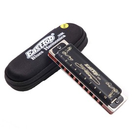 Diatonic Blues Harmonica 10 Holes Blues Harmonica 20 tones black T008K with Case，More Professional Harmonica for Beginner ，Students，Adults and Professional Player (Key of E)