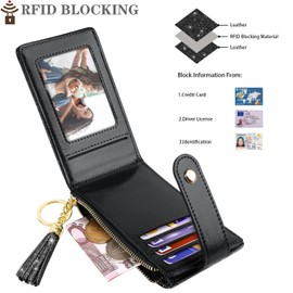 Simikol Womens Slim RFID Blocking Glitter Leather Wallet Cute Small Multi Card Organizer Bifold Wallet with Tassel Zipper Pocket,Black, Glitter Black, Fashion Smooth Gliiter Leather