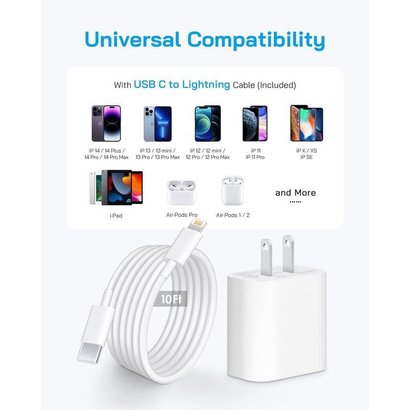 20W Phone Charger with 10 ft Type C to Lightning