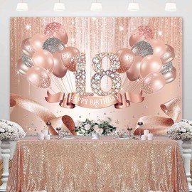 Sensfun Rose Gold Happy 18th Birthday Backdrop Decorations for Girls Pink Shining Balloons Diamond 18 Years Old Bday Party Photography Background Sweet 18th Birthday Photoshoot Banner 7x5ft