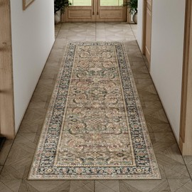 WondRg 2x6 Washable Runner Rug for Kitchen Hallway Non-Slip Brown Vintage Carpet Low Pile Soft Thin Area Rug Distressed Retro Vacuumable Lightweight Runner for Entryway Bedroom Bedside Indoor