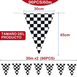 Banderines con bandera de carreras, 60M Decoración de Fiesta de Coche de a Cuadros con Bandera, 96pcs Banderín de Carreras, Natación para Decoración
