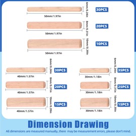 Glarks 200Pcs 1/4" 5/16" 3/8" Wooden Dowel Pins Set, 9 Sizes Straight Dowel Rods Fluted Wood Dowel Plugs with Beveled Ends Tapered for Crafts, Furniture, DIY Manual