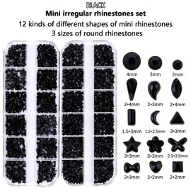 Snmzlc 2 Boxes mini Nail Art Rhinestones Multi Shape Nail gem Design Charm 3D Star Heart Water Drop Butterfly Moon Square Diamond Black Mix DIY Acrylic Nail kit US275 (Black)