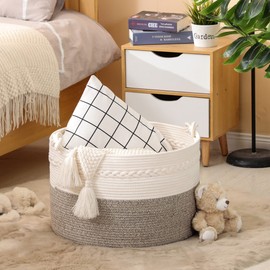 KAKAMAY Large Blanket Basket (20"x13"),Woven Baskets for storage Baby Laundry Hamper, Cotton Rope Blanket Basket for Living Room , Laundry, Nursery, Pillows, Baby Toy chest (White/Beige)