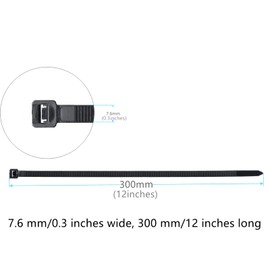 Yiyuton Cable Ties, 100 Pack of Heavy-Duty Nylon Zip Ties, 7.6 mm x 300 mm, 12 Inches Premium Self-Locking Cable Ties, Strong Nylon Zip Ties,Black, (76300100)
