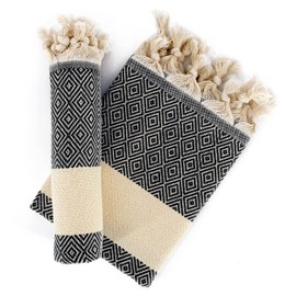 Dandelion - Diamond Pattern - Set of 2 Naturally-Dyed Cotton Turkish Hand Towels Peshkir - 35x19 Inches - Black