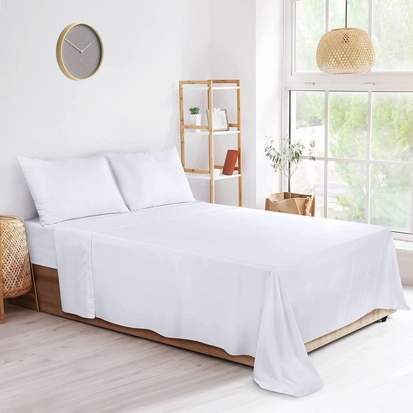 Soft Full Flat Sheets Luxury 100% Hotel Quality White Poly Cotton Bed Sheets (1x White, Single)