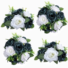JUSMAI Artificial Flowers Ball 4 Pcs - Emerald Green White Wedding Table Centerpiece Decorations for Flower Arrangements