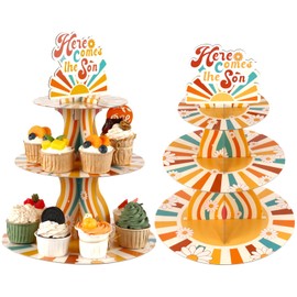 Sliner Here Comes The Son Cupcake Stand Decorations 3 Tier 11.8 x 16.6 Inches Cupcake Stand Here Comes The Son Baby Shower Supplies for Boho Baby Shower Gender Reveal Birthday Party Supplies