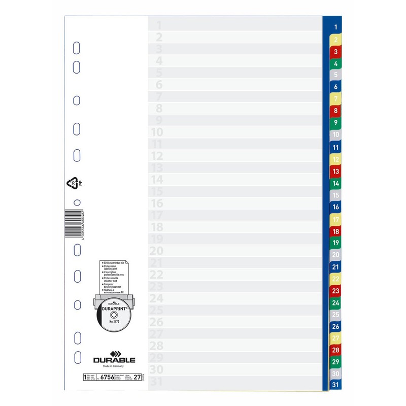Durable 675627 Numerical Index File with Colour Tabs 1-31 and