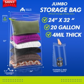 Shiny Select 20 Gallon Jumbo Storage Bag with Handle, Resealable Zipper Top 24x32, 6 Bags - Clear Big Plastic, Extra Large XL, 4 Mil Thick Heavy Duty for Travel, Camping Gears, Pillows, Comforters…