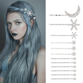 12 Pcs Rhinestone Moon Star Snowflake Hair Clips Fashion Diamond Studded Metal Alloy Hairpin Decorative Accessories for Women (Silver)