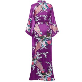BABEYOND Women's Kimono Robe Long Robes With Peacock and Blossoms Printed - Purple -