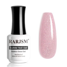 RARJSM Nude Pinkish Beige Rainbow Glitter Rubber Base Coat Gel Nail Polish Natural Skin Tone Iridescent Shimmer Brush on Extend Jelly Gelpolish Soak Off Curing Requires 15ml Salon Home French Manicure
