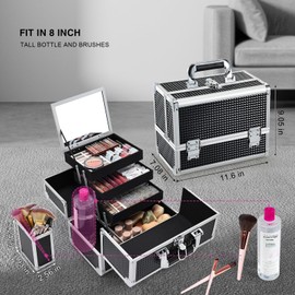 Joligrace Makeup Train Case Makeup Case 3-Tray Cosmetic Box with Mirror, Shine Black, 11.8-in Large Makeup Box with Detachable Brush Holder, Lockable Portable Makeup Travel Organizer Case