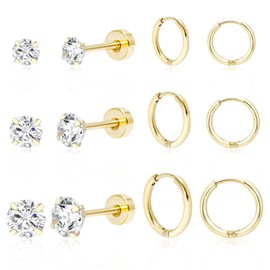 DAILI Women’s Earring Sets for Multiple Piercing: 14K Gold Plated Small Hoop Earrings Tiny Flat Back Stud Earrings for Cartilage Helix Hypoallergenic Set of 6 Pairs (Gold)
